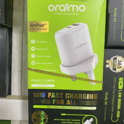 Oriamo 18W Fast Charger with 2Port USB and type C plus Iphone cable. Power Cube 3Pro charger